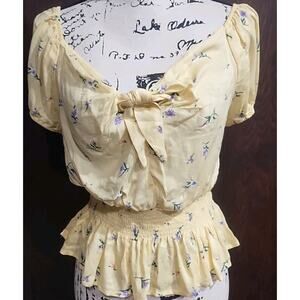 Floral Fairy Peplum Bow Tie Front Cottage Core Romantic Size Large Yellow top